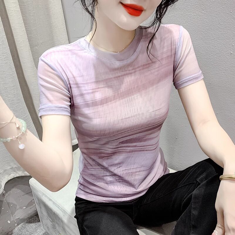 潮牌时尚弹力网纱短袖T恤女夏季印花修身显瘦减龄半袖小衫上衣服