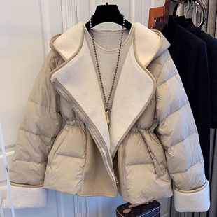 潮牌收腰高级感拼接皮短款羽绒棉服女冬季2024新款小个子棉衣外套