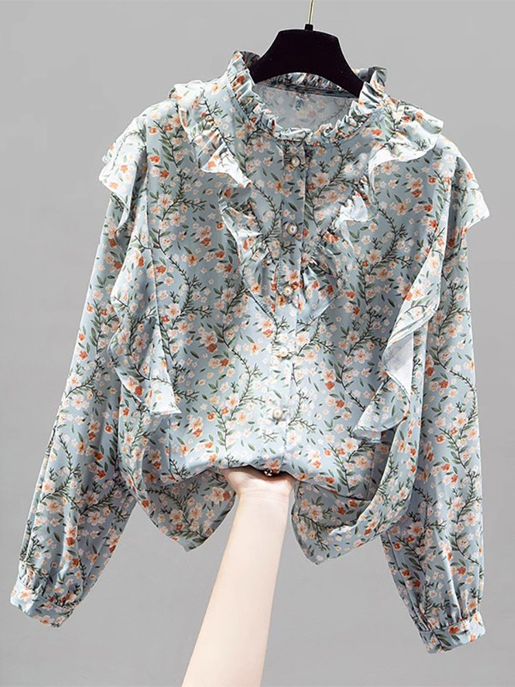 潮牌碎花雪纺衬衫女装2025年春秋新款欧货洋气荷叶边打底小衫上衣