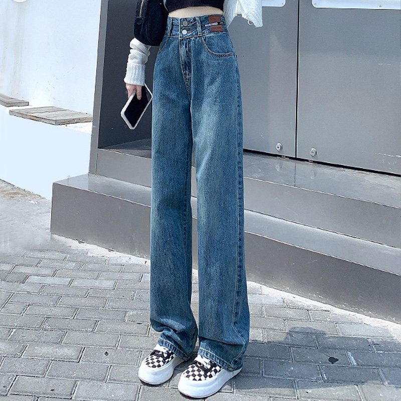 潮牌阔腿牛仔裤女春秋高腰2025新款韩版直筒小个子百搭垂感拖地裤