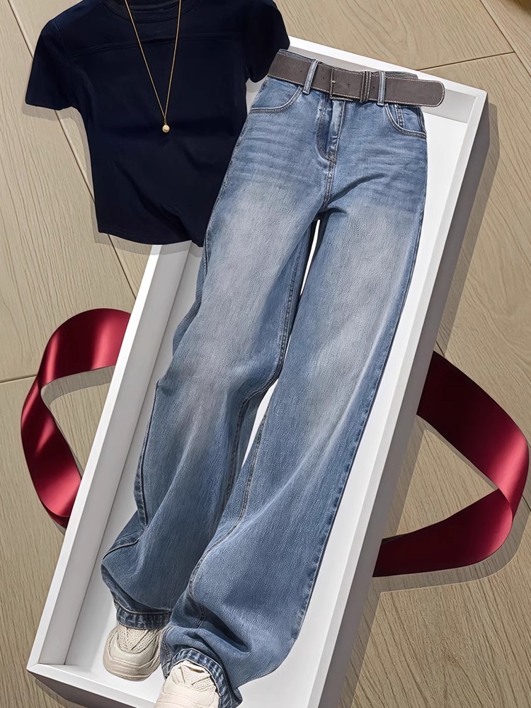 潮牌覆古高腰直筒牛仔裤女春秋大码胖mm显瘦宽松拖地窄版阔腿裤子