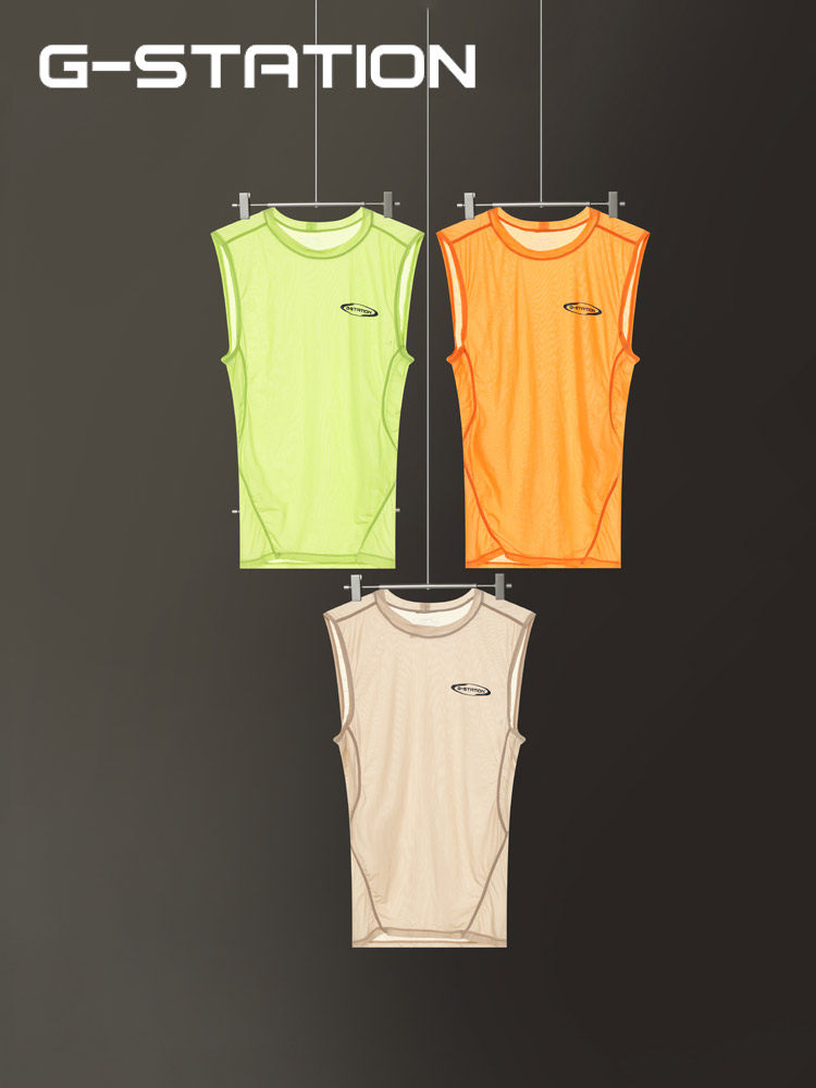 G-STATION 초박형 실키 소프트 남성용 민소매 조끼 섹시한 투명 스포츠 피트니스 바닥 스타킹