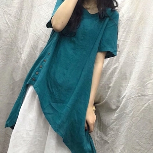 侧边扣文艺复古套头衫 棉麻纯色不规则大码 新款 短袖 T恤女2025夏季