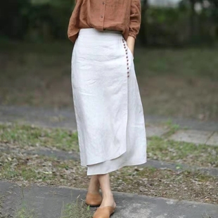 复古温婉原麻色a字裙不规则松紧腰棉麻包臀半身裙子 文言文艺女装