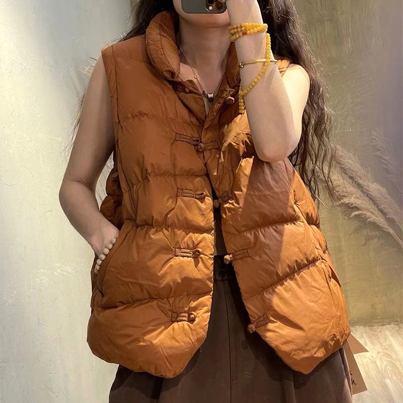 2025新款秋冬时尚立领盘扣棉服马甲女短款轻薄外套中式厚背心