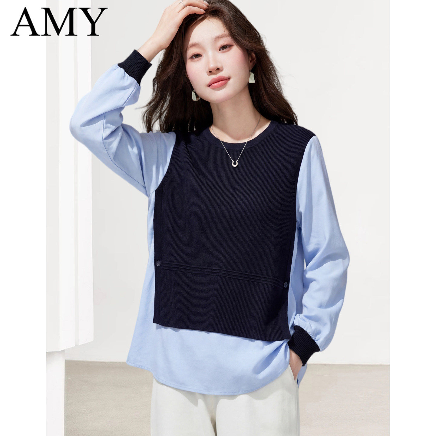 2026春装新款微胖减龄假两件宽松遮肚子T恤撞色拼接百搭上衣女装