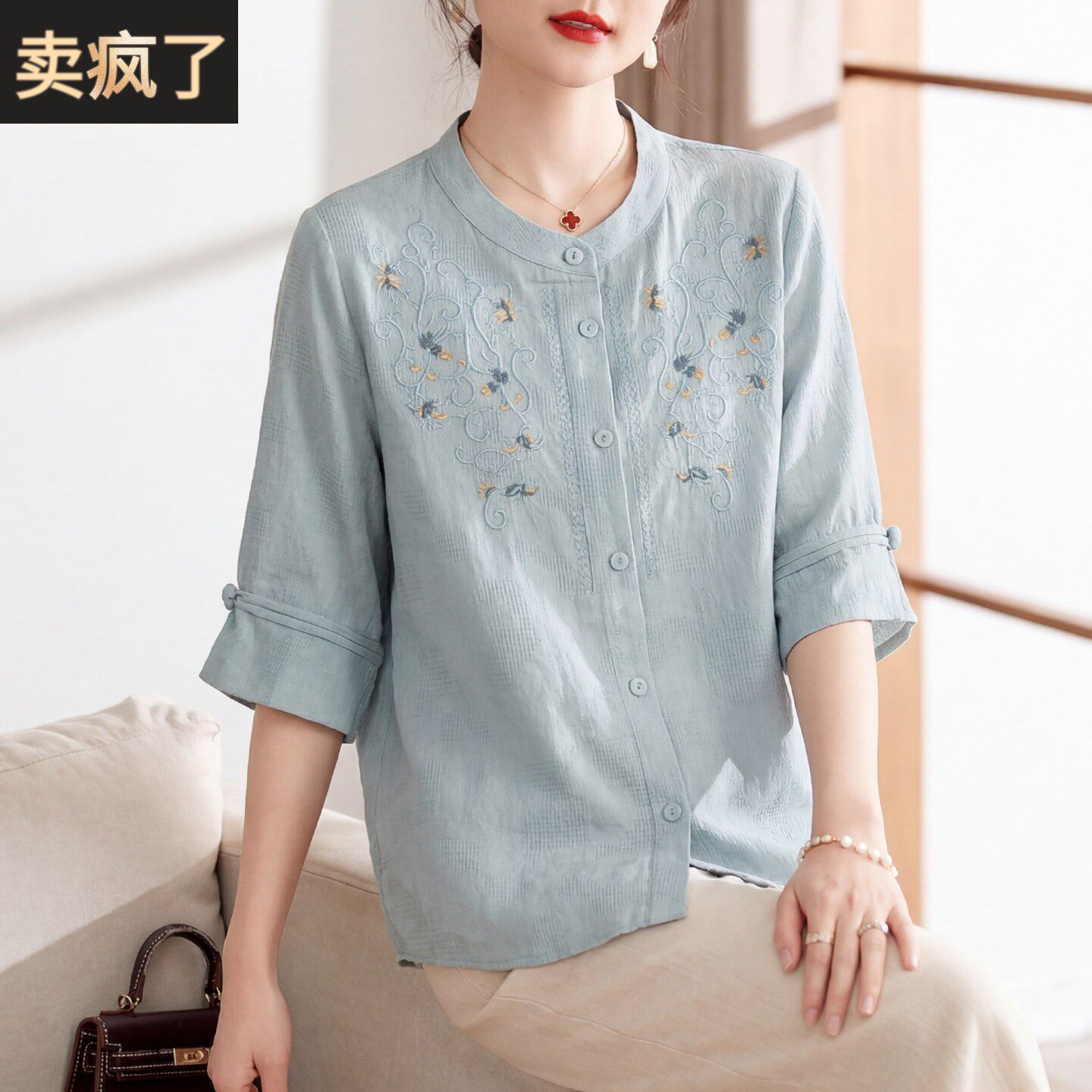 喜卉中年妈妈夏装纯棉短袖衬衫中老年女装夏季上衣服宽松舒适开衫