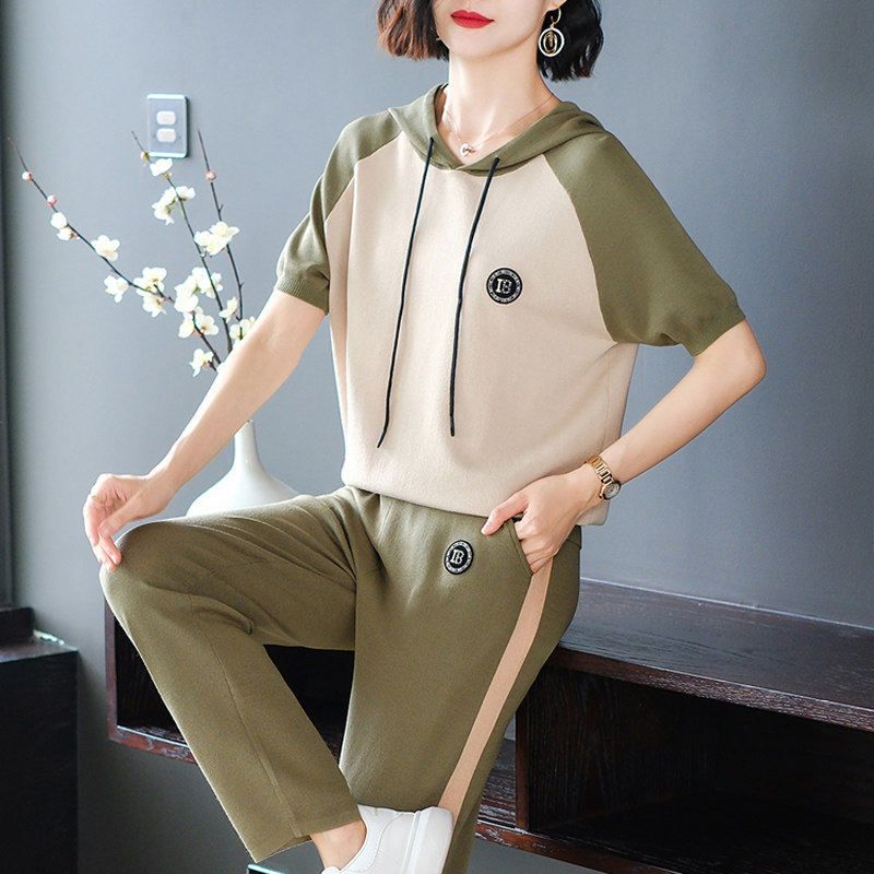 薄冰丝短袖卫衣休闲套装女夏季宽松减龄运动服洋派妈妈时尚两件套