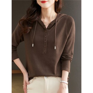 咖色连帽卫衣女春秋2025新款时尚宽松短款带帽毛衣针织打底衫上衣