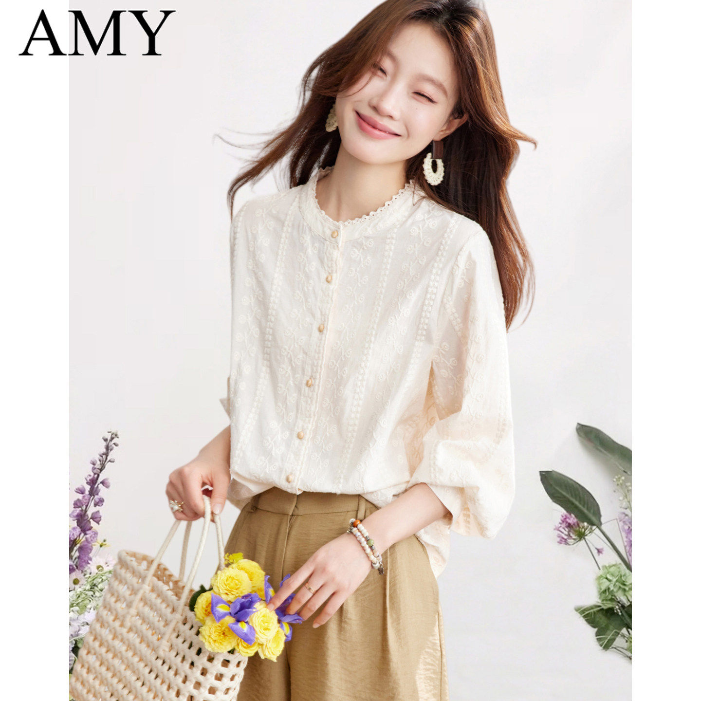 2026春装新款漂亮法式花边纯棉提花衬衫气质洋气显瘦时尚上衣女装