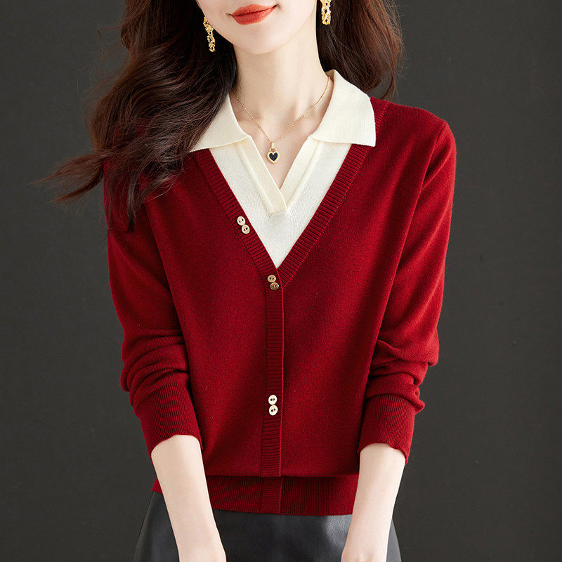 假两件上衣女春装2025年新款薄款开衫毛衣外套打底羊毛翻领针织衫