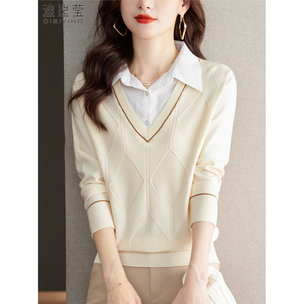 衬衫领假两件女上衣2025年春秋装薄款菱形针织毛衣拼接打底衫上衣