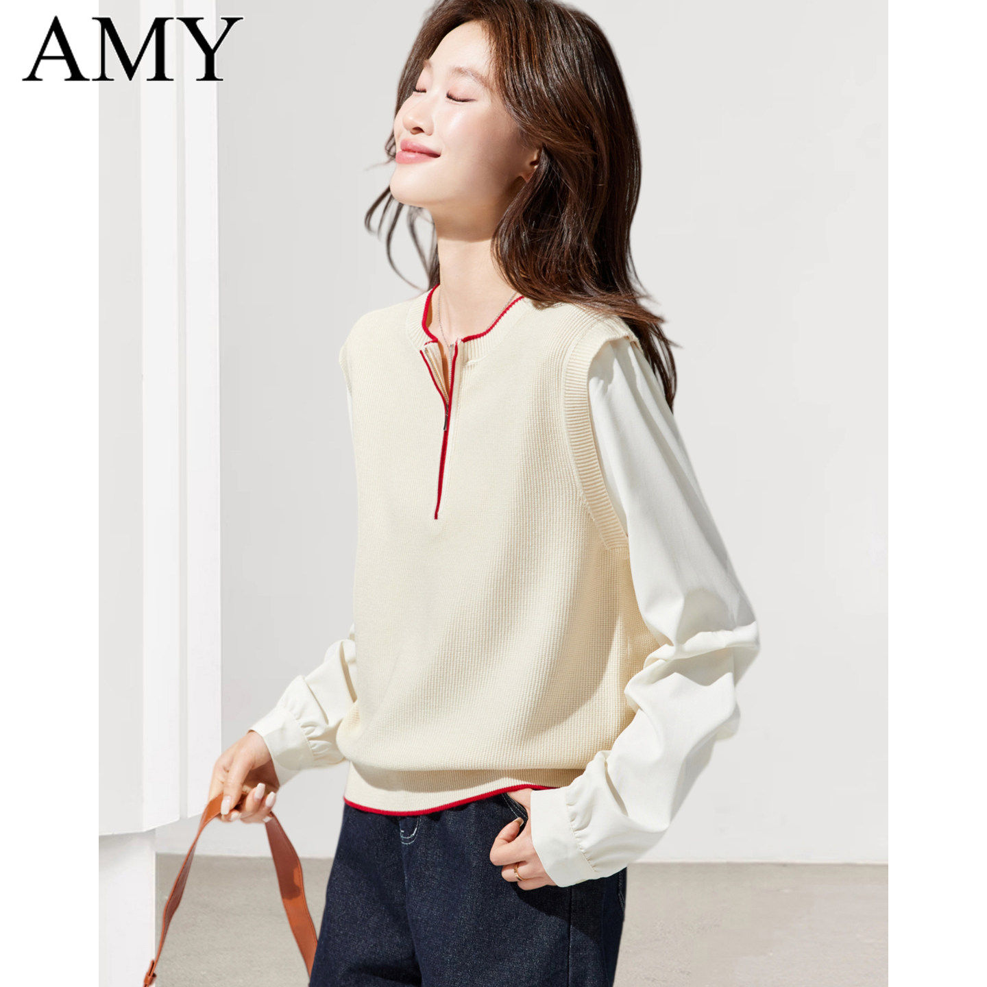 2026春装新款米杏针织拼接假两件T恤洋气宽松小个子显高上衣女装