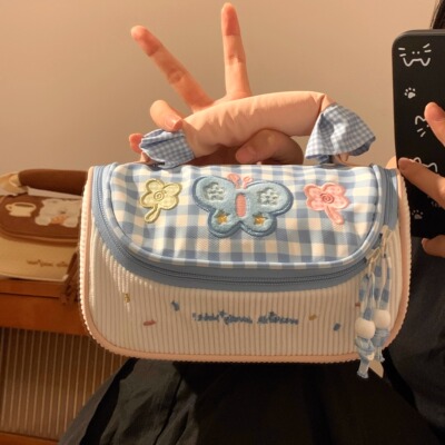 可爱创意手提插画笔袋高颜值ins风初中女生2025新款超火大容量日式女孩文具袋高中小学生铅笔盒收纳包