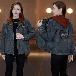 加绒加厚连帽休闲牛仔外套女短款2026年冬季新款洋气宽松保暖上衣