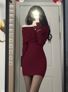 性感辣妹红色连衣裙女秋冬新款气质显瘦修身一字肩打底包臀裙子潮