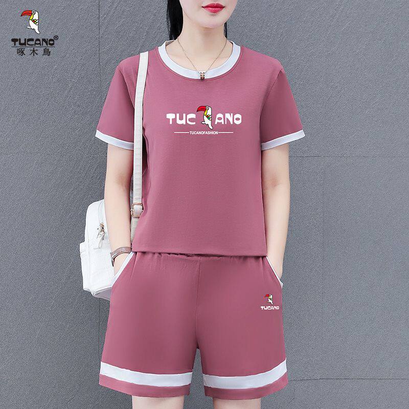 啄木鸟纯棉运动服套装女夏季2026新款时尚宽松休闲中年妈妈两件套