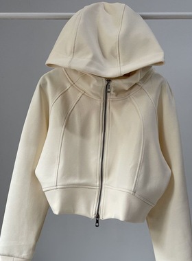 运动卫衣女美式辣妹时髦空气层料春秋宽松开衫连帽上衣纯色短外套