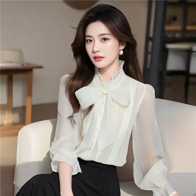 2025春夏新款法式气质立领蝴蝶结长袖衬衫女设计感小众雪纺上衣