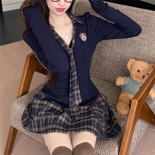 大码学院风jk制服时尚套装女秋冬胖mmPOLO领上衣+显瘦格子半身裙