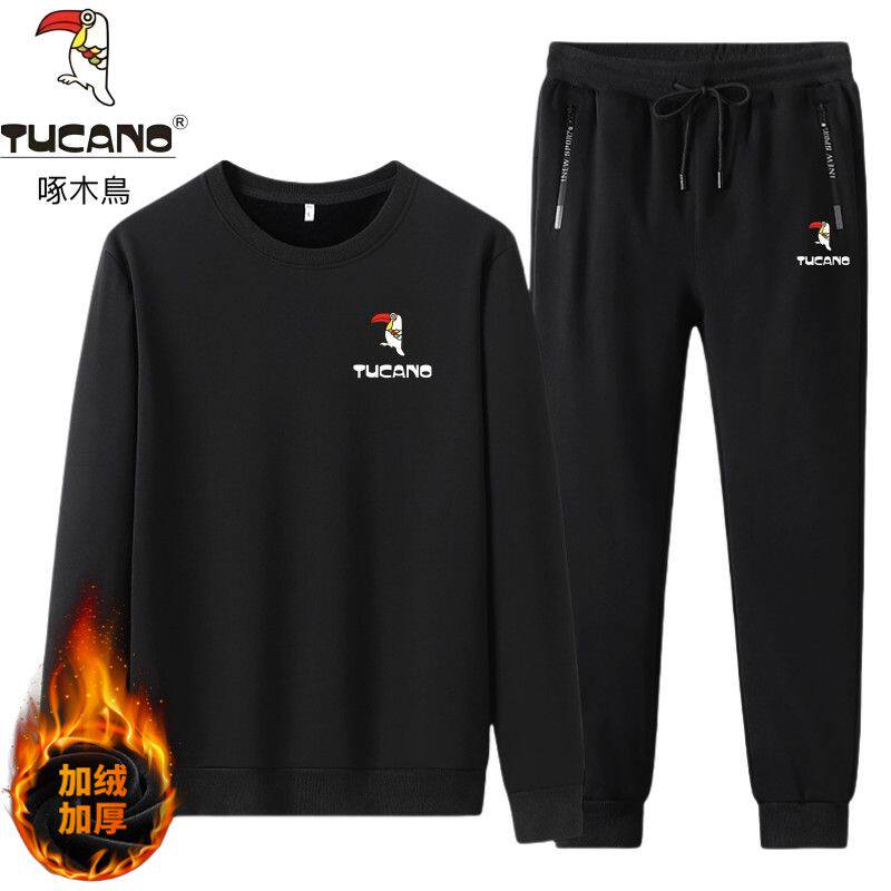 纯棉加绒保暖卫衣套装男士秋冬款宽松休闲跑步运动服两件套