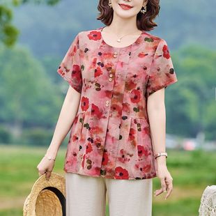 50岁中老年人女夏装 妈妈装 印花圆领上衣40 棉绸短袖 衣服 t恤女新款