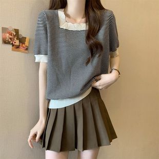 方领条纹短袖 女夏季 韩版 针织衫 高级感气质显瘦上衣 大码 胖MM法式