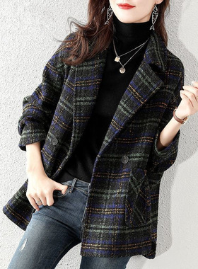 格子西装毛呢外套女2025秋季新款韩版宽松复古格纹毛呢大衣中长款