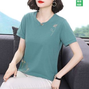 丅恤小衫 纯棉短袖 绣花半袖 t恤女宽松2025夏装 中老年妈妈上衣 新款