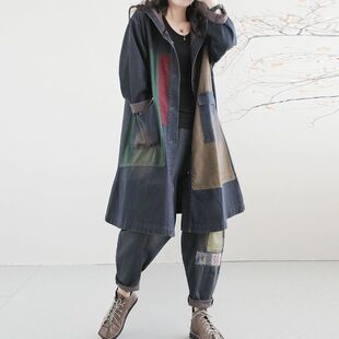 个性牛仔外套秋装新款女士帽子上衣休闲大码中长款拼接风衣上衣女