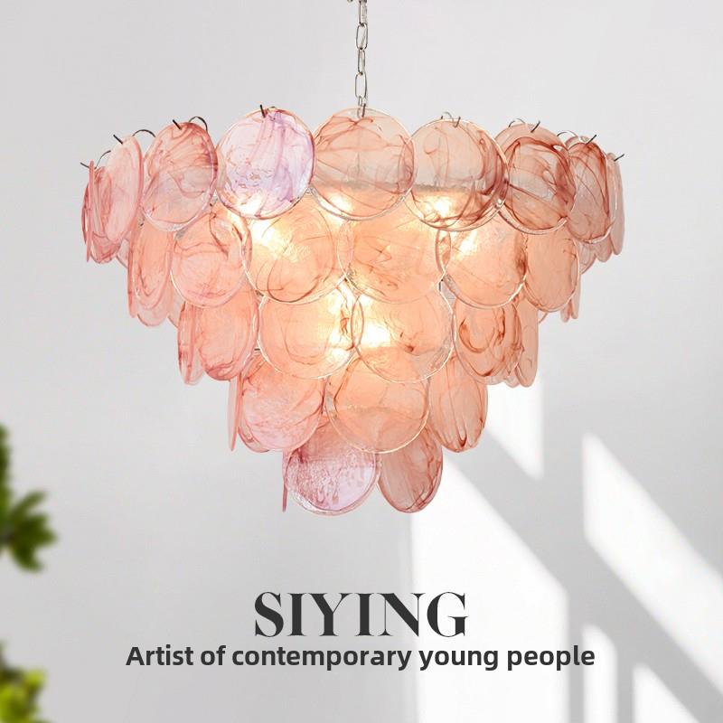 法国覆古穆拉诺客厅灯中世纪风格吊灯设计师卧室餐厅粉红色玻璃灯