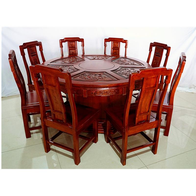 大餐桌圆桌家用农村家庭中式实木北方老榆木圆内置转盘圆桌餐桌