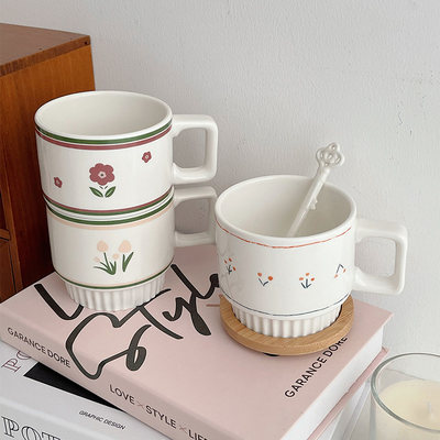 穆尼生活 日式陶瓷马克杯带盖勺阿公阿嫲情侣对杯水杯咖啡杯杯子