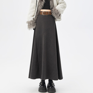 咖色豹纹腰带毛呢半身裙女2025秋冬高腰垂感a字中长款大摆伞裙