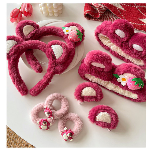 二件套草莓可爱洗脸发箍女防水手腕带束发带头箍防滑毛绒小熊发卡