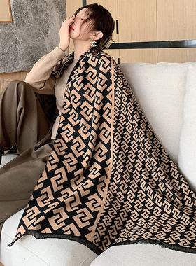 新品韩国东大门FD双面羊绒围巾简约字母百搭FF披肩