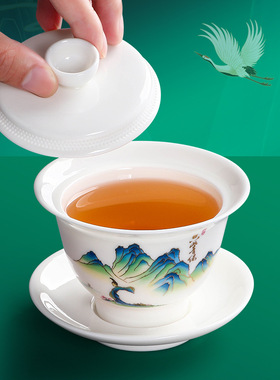 白瓷盖碗360度出水德化羊脂玉瓷盖杯茶具套装家用大号三才泡茶碗