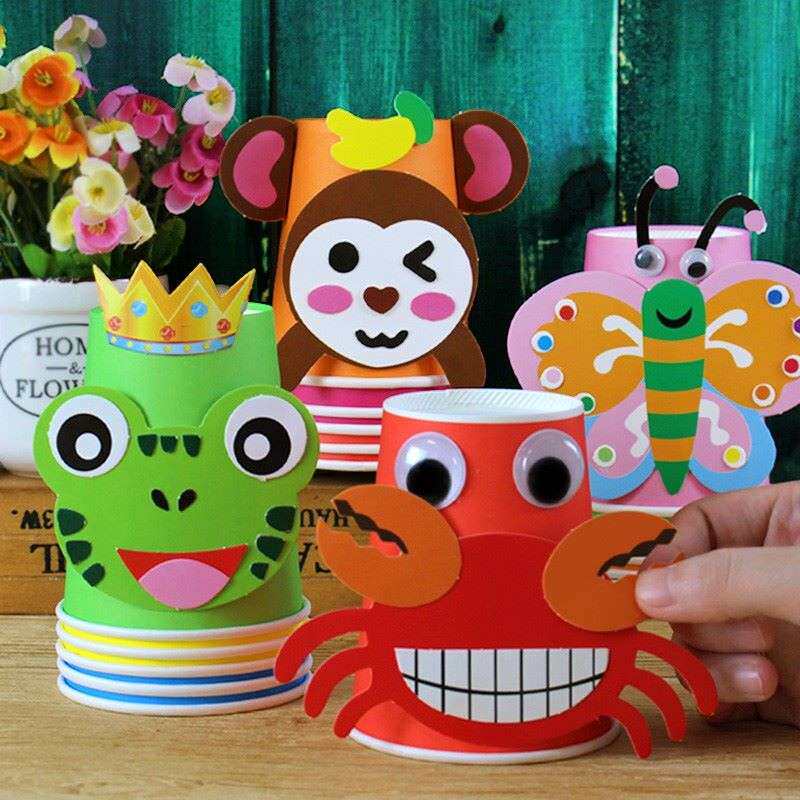 新品半成品贴彩色裁剪场景拼贴手工昆虫套装早教纸杯.立体剪纸画