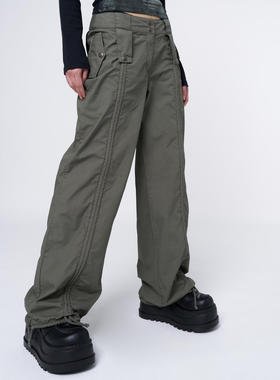 Minga新品美式纯色低腰纽扣装饰裤脚可调节显瘦宽松降落工装长裤