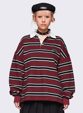 Minga 新品 美式复古条纹格子拼接 oversized棒球Polo长袖T恤上衣