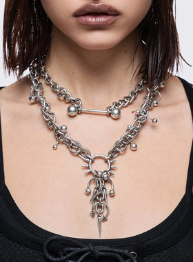 Minga新品 亚文化朋克 做旧银色 穿孔/尖刺设计 可调节项链套装