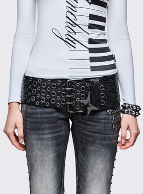 Minga新品 亚文化朋克 超宽面多个金属孔眼设计 可调节款腰带皮带