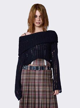 Minga 秋季新品 镂空 黑色短款修身连帽针织长袖毛衣上衣