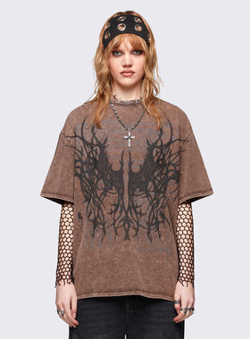 Minga 新品美式朋克羽翼印花 水洗棕 oversized 圆领短袖T恤上衣