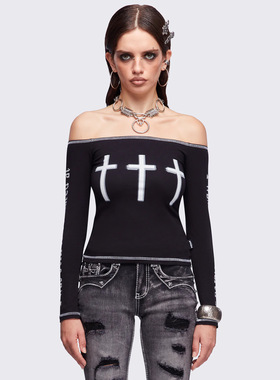 Minga新品 暗黑哥特风 黑白两色十字架图案 露肩短款修身长袖上衣