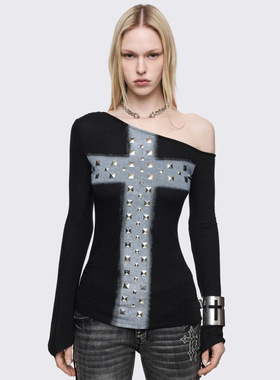 Minga新品 暗黑哥特风 白色粗十字架铆钉 侧边褶皱修身露肩长袖