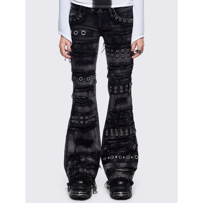 Minga哥特风磨毛孔眼喇叭牛仔裤
