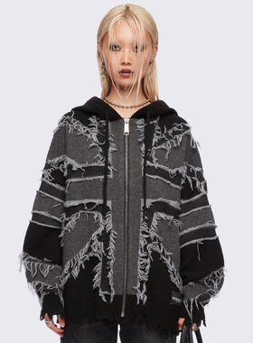 Minga新品 美式复古 米字国旗做旧破坏毛边设计 连帽宽松毛衣外套