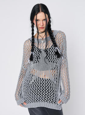 Minga秋季美式复古银色星星编织图案圆领宽松慵懒镂空针织衫上衣