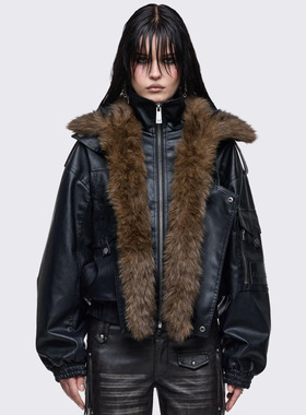 Minga新品 暗黑亚文化 可拆卸仿毛领 多口袋 仿皮飞行员夹克外套